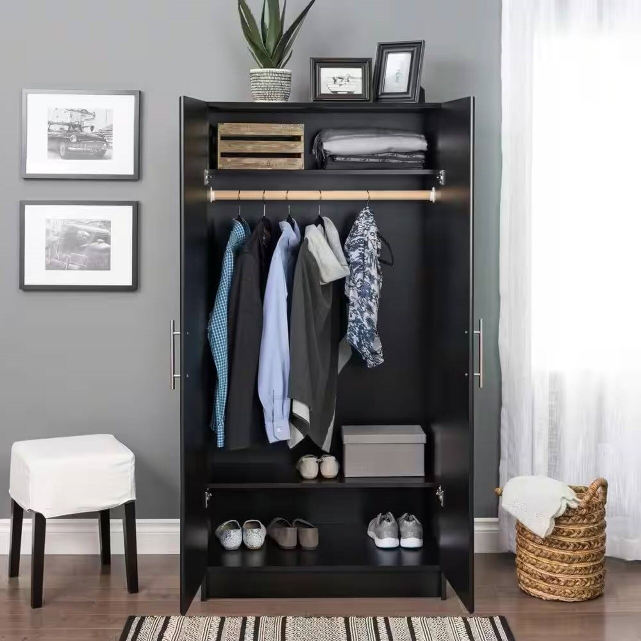 65" Freestanding Black Wardrobe Closet Organizer with Hanging Rail and Shelf for Bedroom